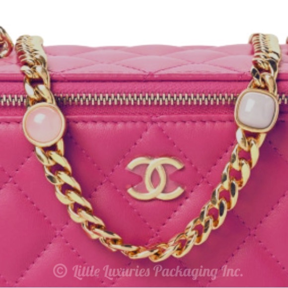 NWT Authentic Chanel Fuchsia Pink Leather Vanity Case Handbag with Jeweled Chain - Picture 7 of 16